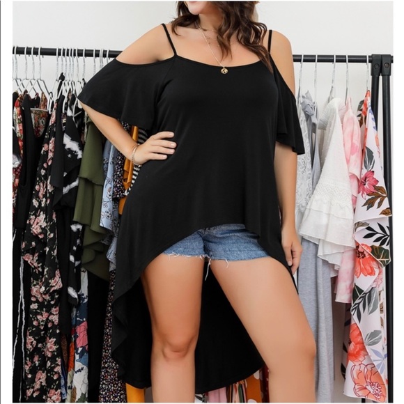 Plus Size Drop Cold Off shoulder Hi low Lace Cut Out Back Top Blouse Tee Black - Picture 3 of 5